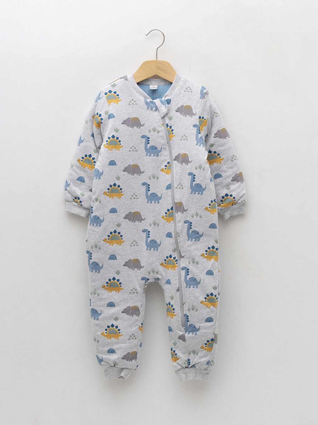 Gri Bisiklet Yaka Uzun Kollu Baskılı Erkek Bebek Fermuarlı Uyku Tulumu