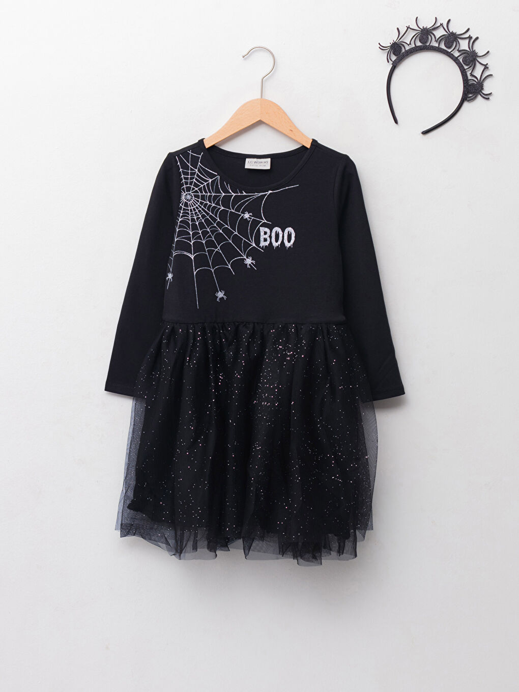 LCW Kids Bisiklet Yaka Baskılı Uzun Kollu Kız Çocuk Elbise ve Taç -W17389Z4-CVL