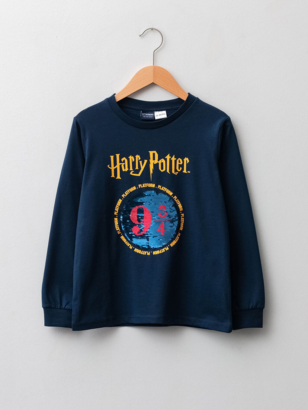 Lacivert Bisiklet Yaka Harry Potter Baskılı Çift Yönlü Payetli Uzun Kollu Erkek Çocuk Tişört
