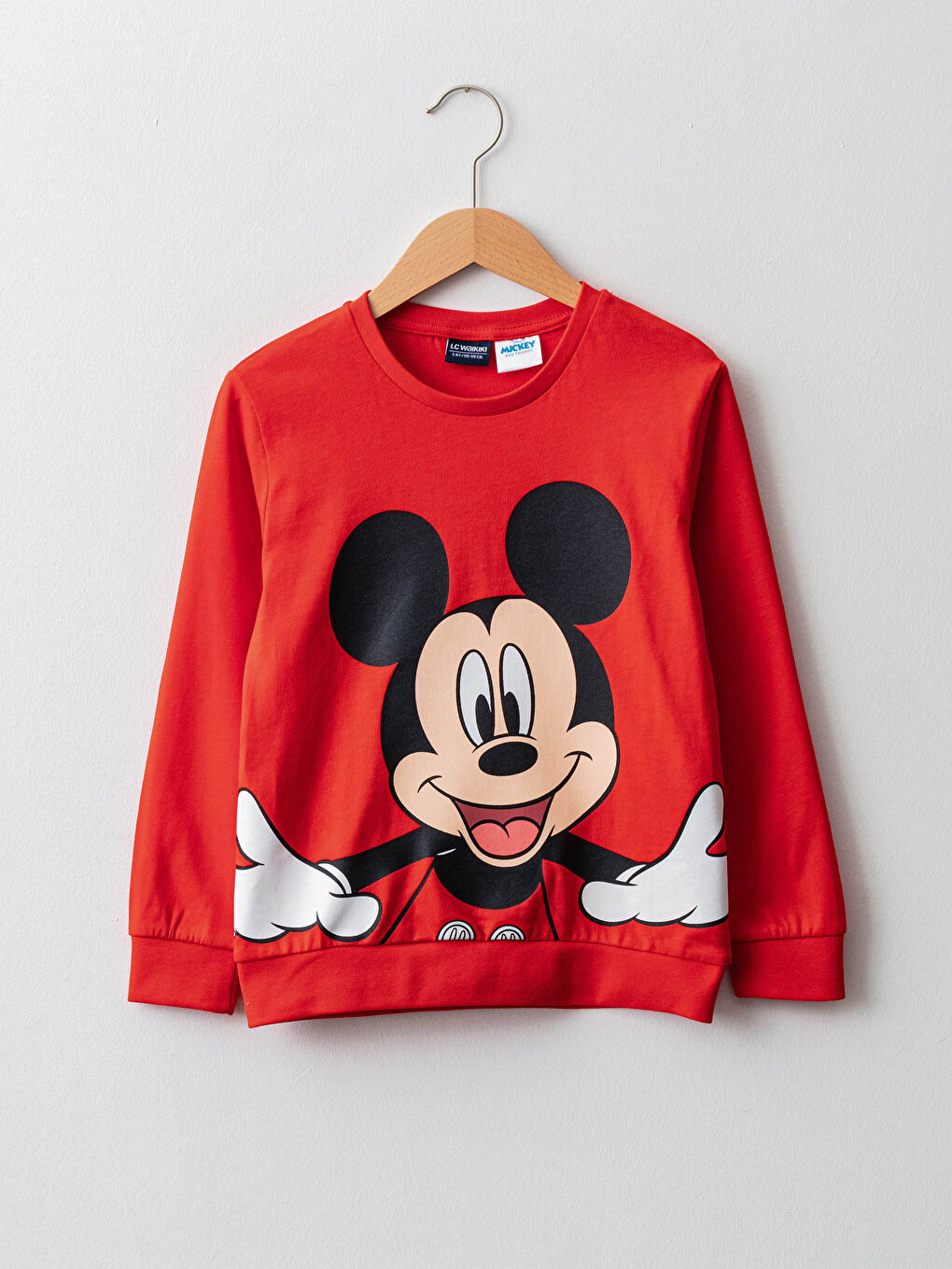 Kırmızı Bisiklet Yaka Mickey Mouse Baskılı Uzun Kollu Pamuklu Erkek Çocuk Tişört
