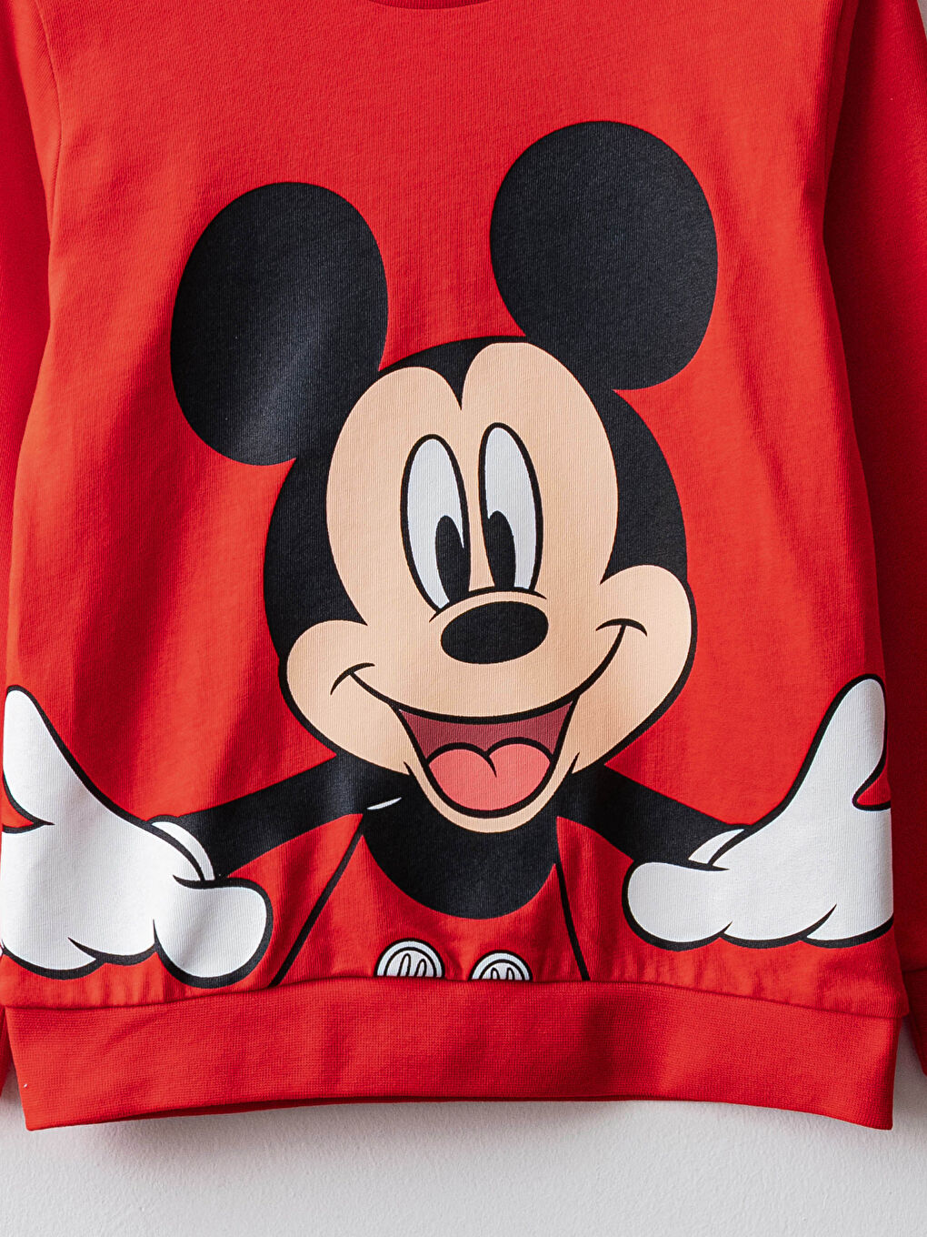 Kırmızı Bisiklet Yaka Mickey Mouse Baskılı Uzun Kollu Pamuklu Erkek Çocuk Tişört-2