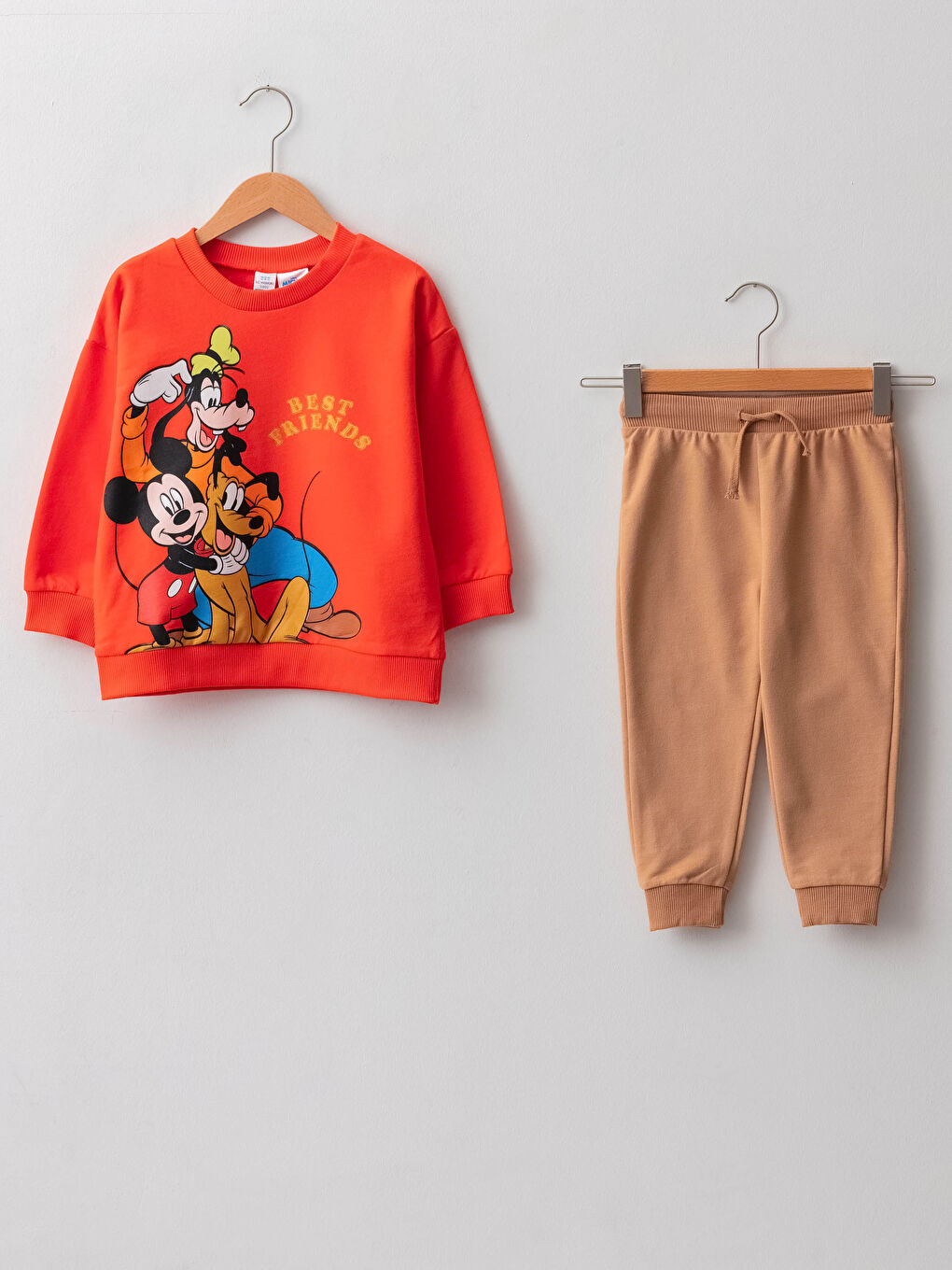 Turuncu Bisiklet Yaka Uzun Kollu Mickey Mouse Baskılı Sweat ve Pantolon 2'li Takım