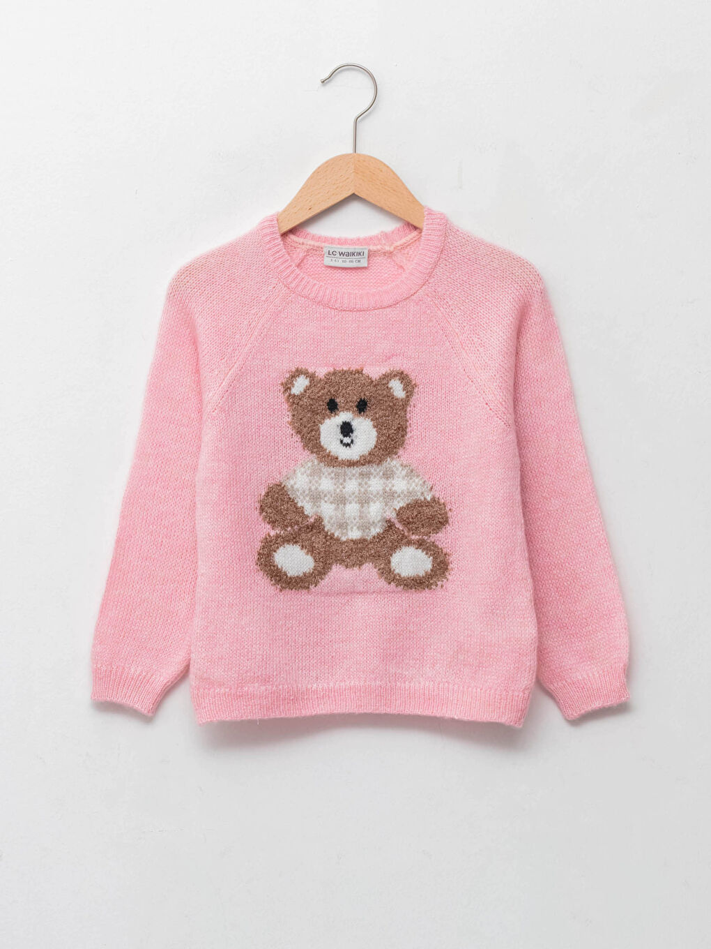 Pembe Bisiklet Yaka Ayı Teddy Desenli Kız Çocuk Triko Kazak