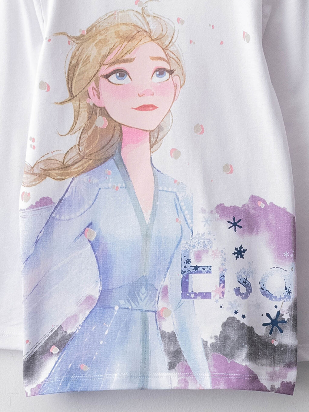 Beyaz Bisiklet Yaka Elsa Baskılı Uzun Kollu Pamuklu Kız Çocuk Pijama Takımı-2