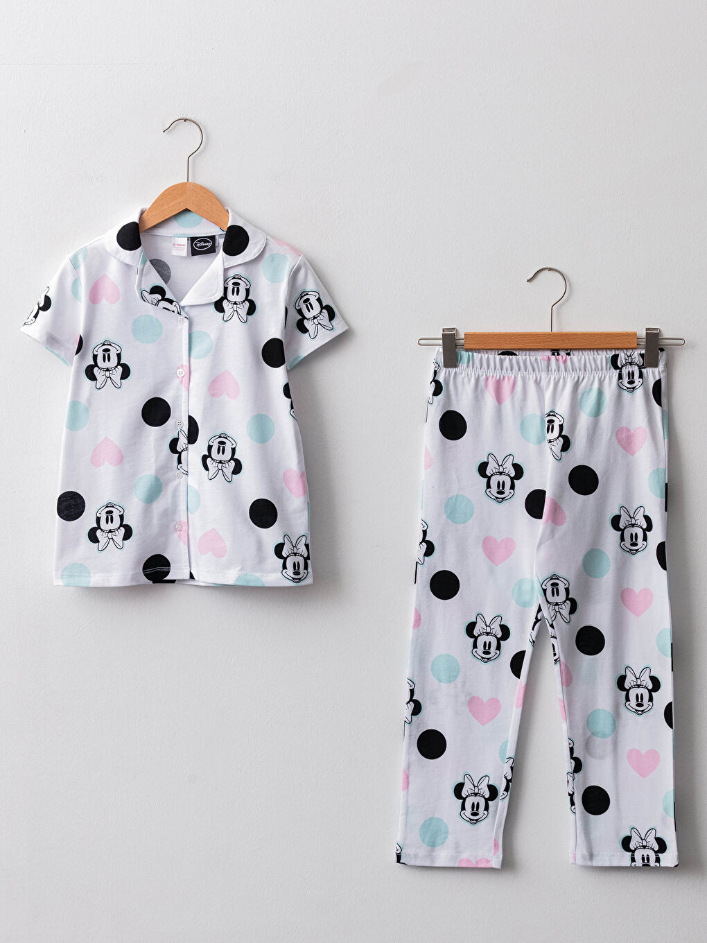 Shirt Collar Minnie Mouse Printed Short Sleeve Girls Pajamas Set