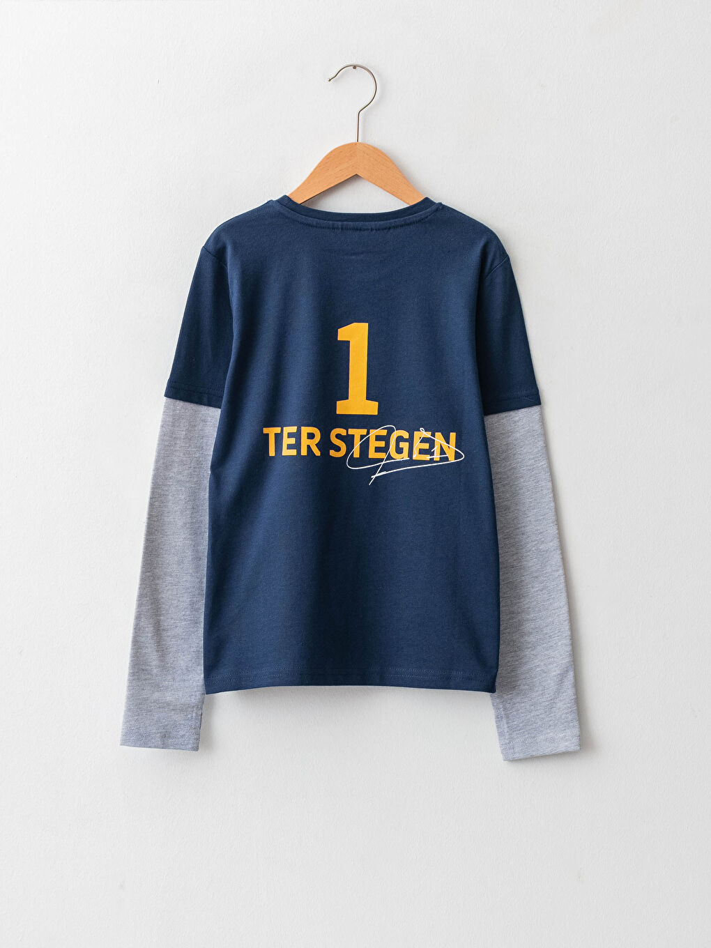 Lacivert Bisiklet Yaka Barcelona Baskılı Uzun Kollu Erkek Çocuk Tişört-1