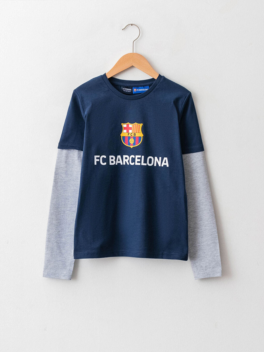 Lacivert Bisiklet Yaka Barcelona Baskılı Uzun Kollu Erkek Çocuk Tişört-1