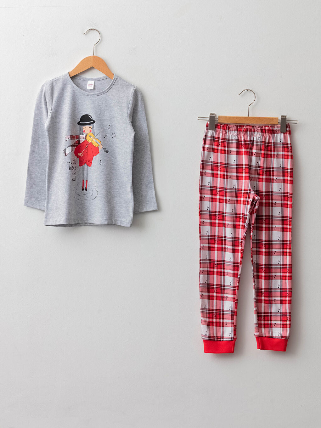 Gri Bisiklet Yaka Baskılı Uzun Kollu Kız Çocuk Pijama Takımı