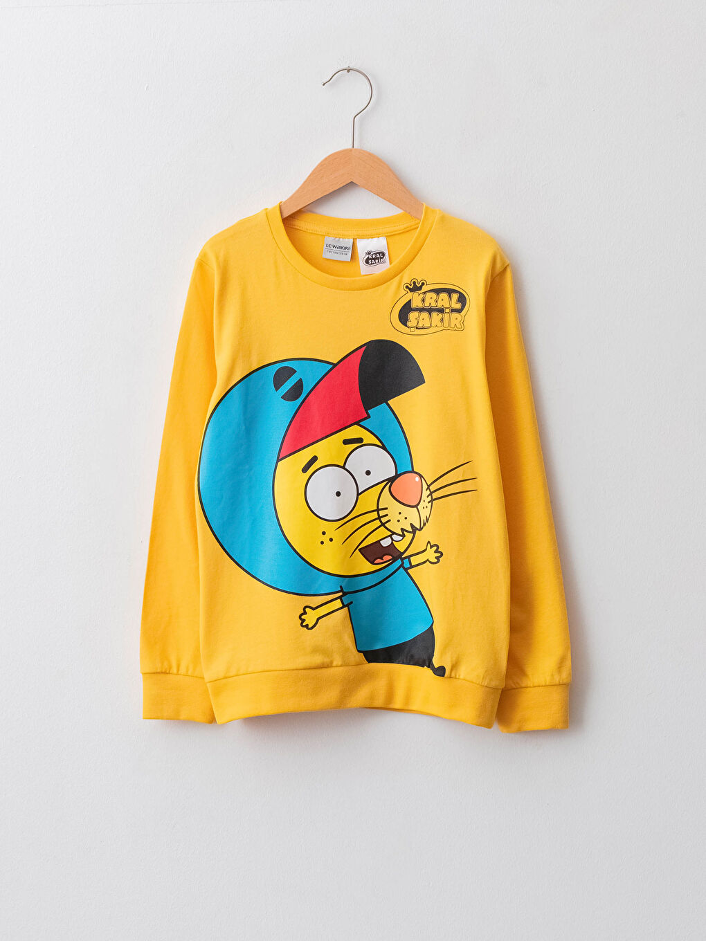 Sarı Bisiklet Yaka Kral Şakir Baskılı Uzun Kollu Pamuklu Erkek Çocuk Tişört