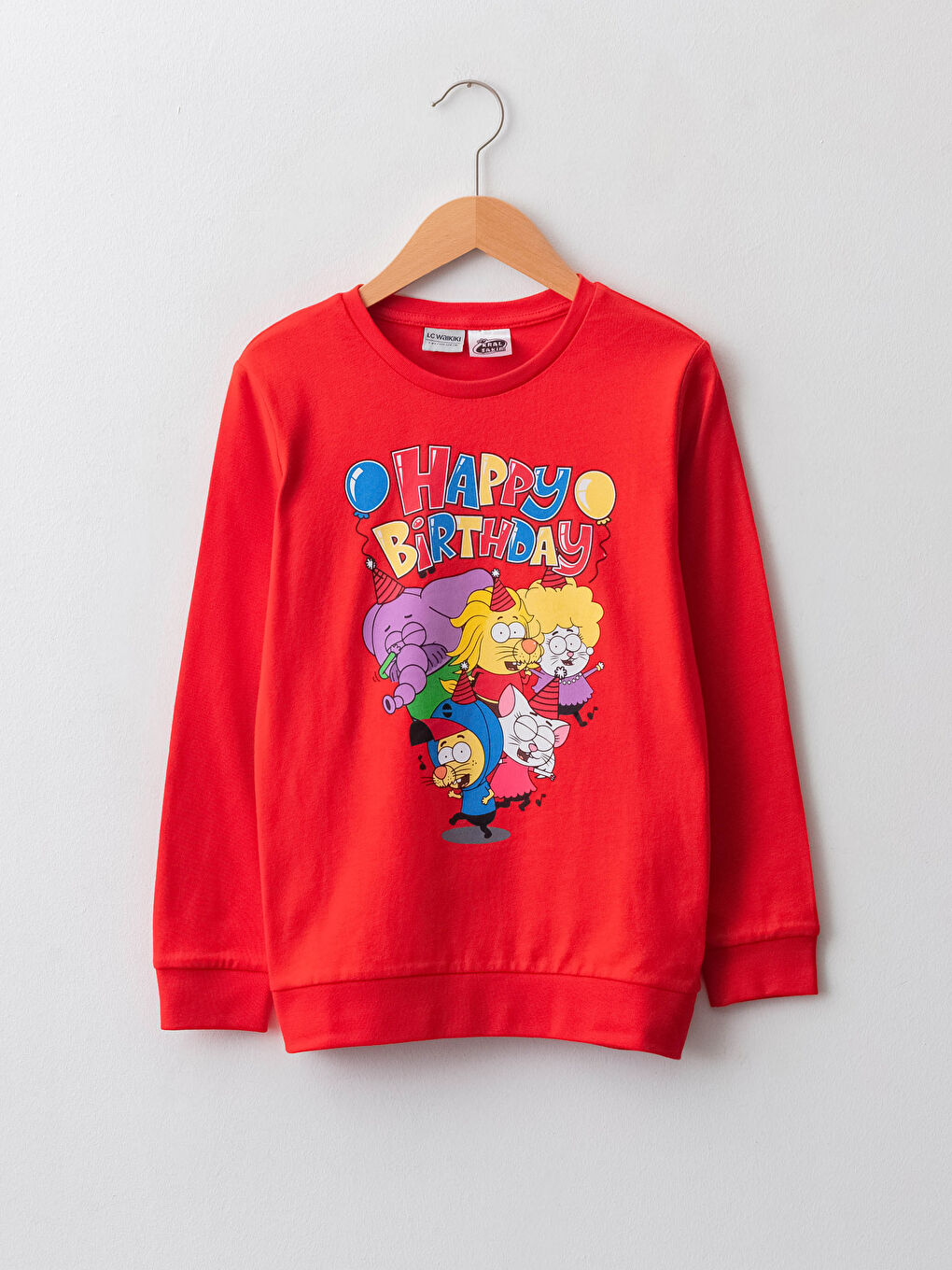 Kırmızı Bisiklet Yaka Kral Şakir Baskılı Uzun Kollu Pamuklu Erkek Çocuk Tişört