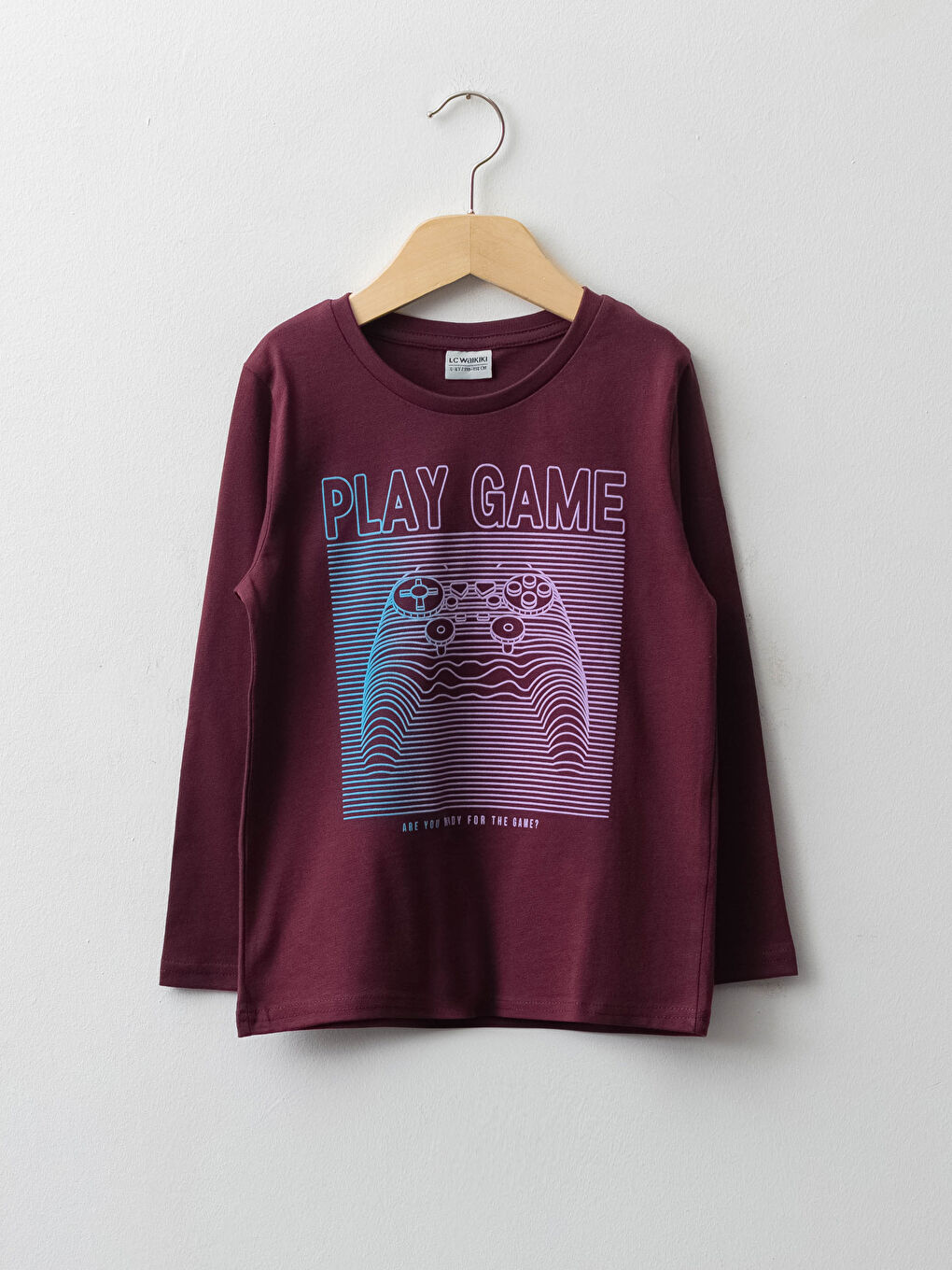 Bordo Bisiklet Yaka Baskılı Uzun Kollu Erkek Çocuk Tişört