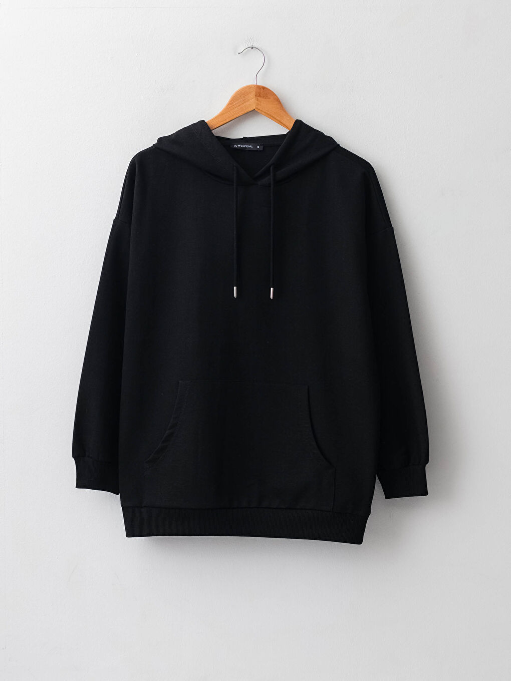 Siyah Kapüşon Yaka Düz Uzun Kollu Kadın Sweatshirt-5