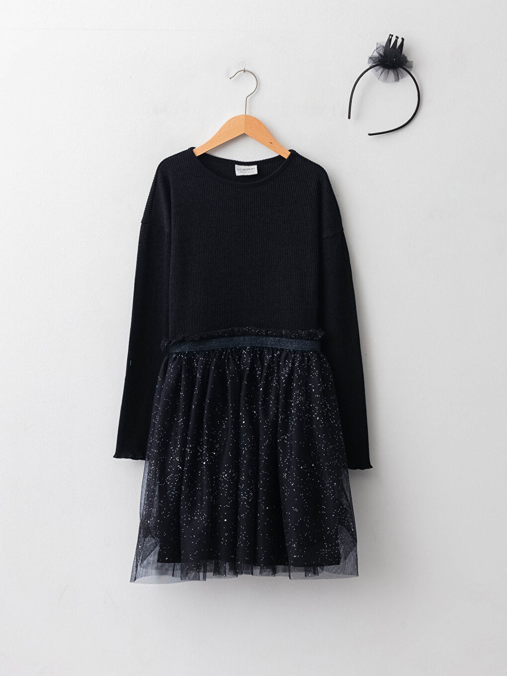 LCW Kids Rundhalsausschnitt Basic Langarm Tüll Detail Mädchen Kleid und Krone -W18835Z4-CVL