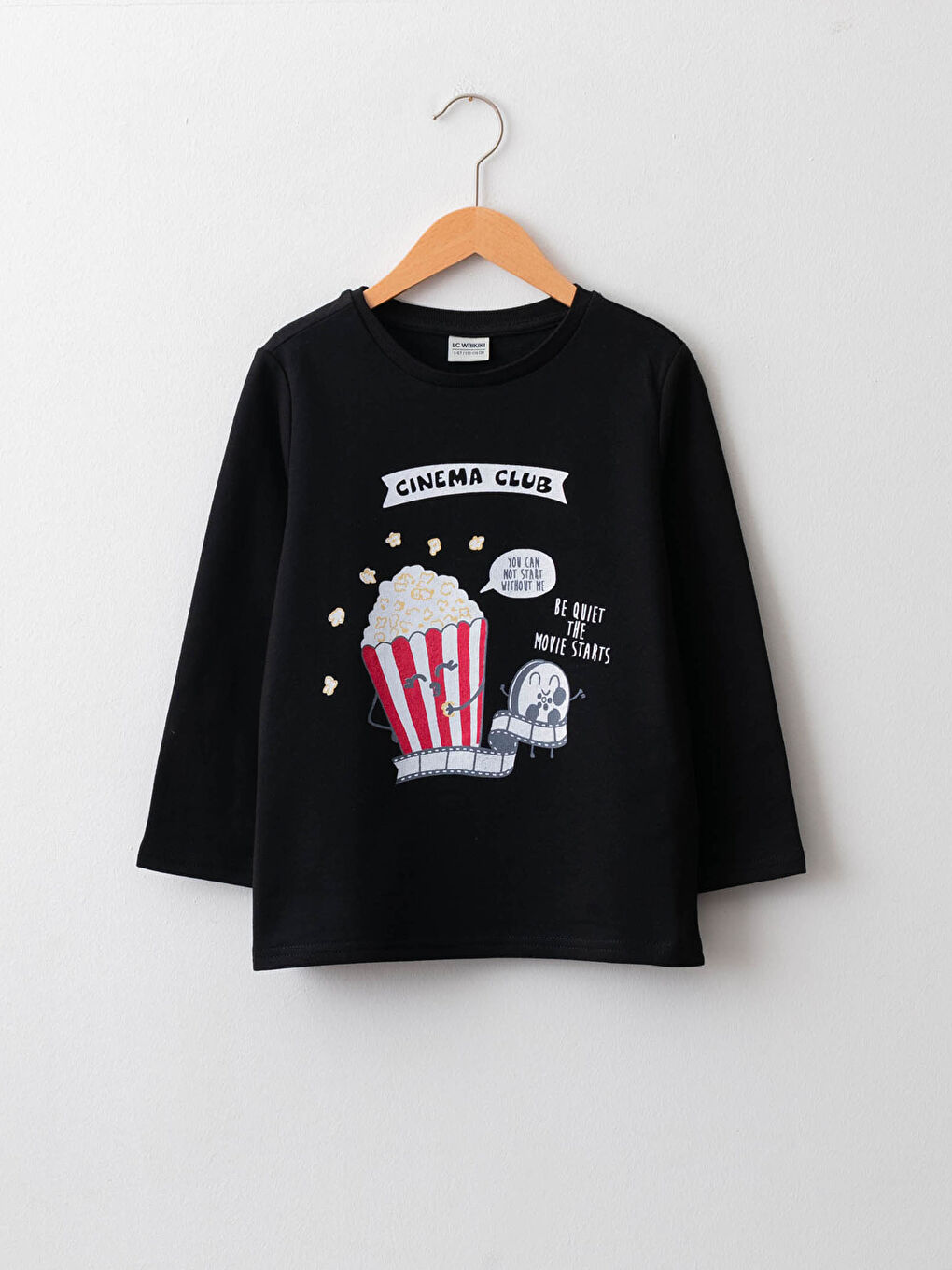 Siyah Bisiklet Yaka Baskılı Uzun Kollu Kız Çocuk Tişört