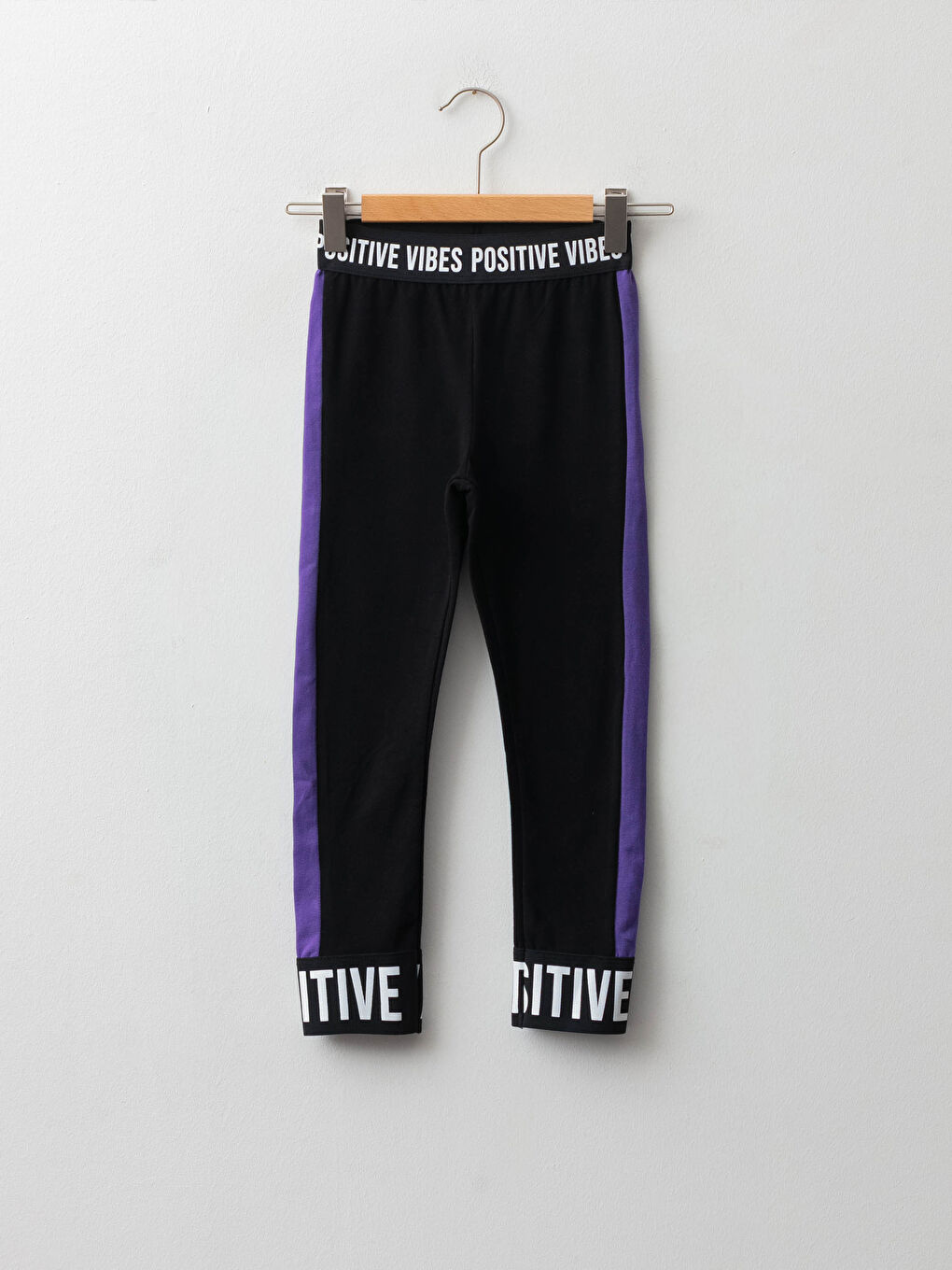 Siyah Beli Lastikli Slogan Yazı Baskılı Kız Çocuk Uzun Tayt