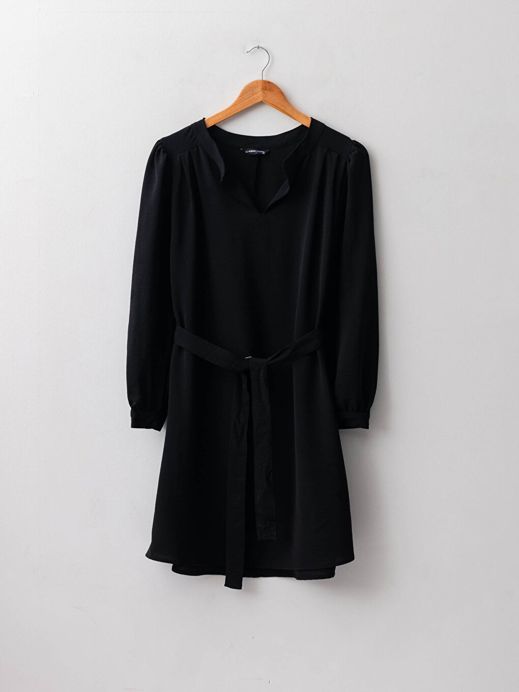Henley Neckline Long Sleeve Waist Belted Crepe Fabric Women's Dress-7