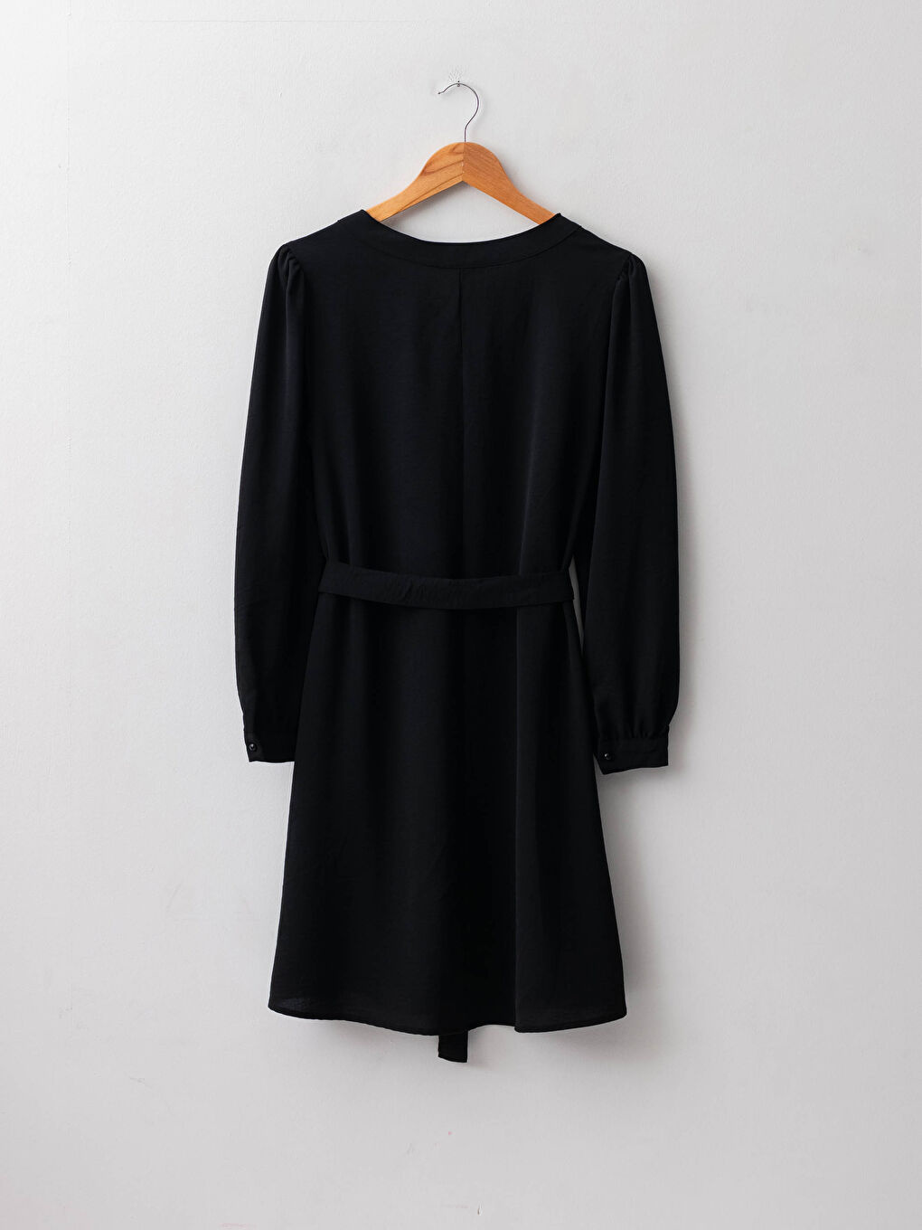 Henley Neckline Long Sleeve Waist Belted Crepe Fabric Women's Dress-8