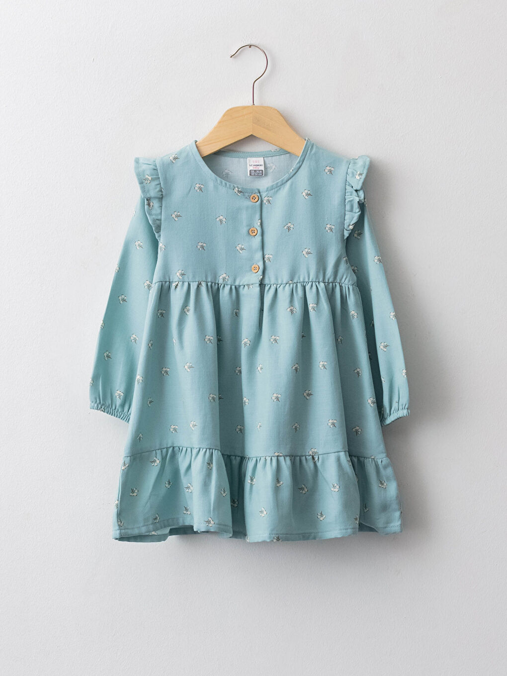 Yeşil Bisiklet Yaka Çiçekli Uzun Kollu Pamuklu Kız Bebek Elbise