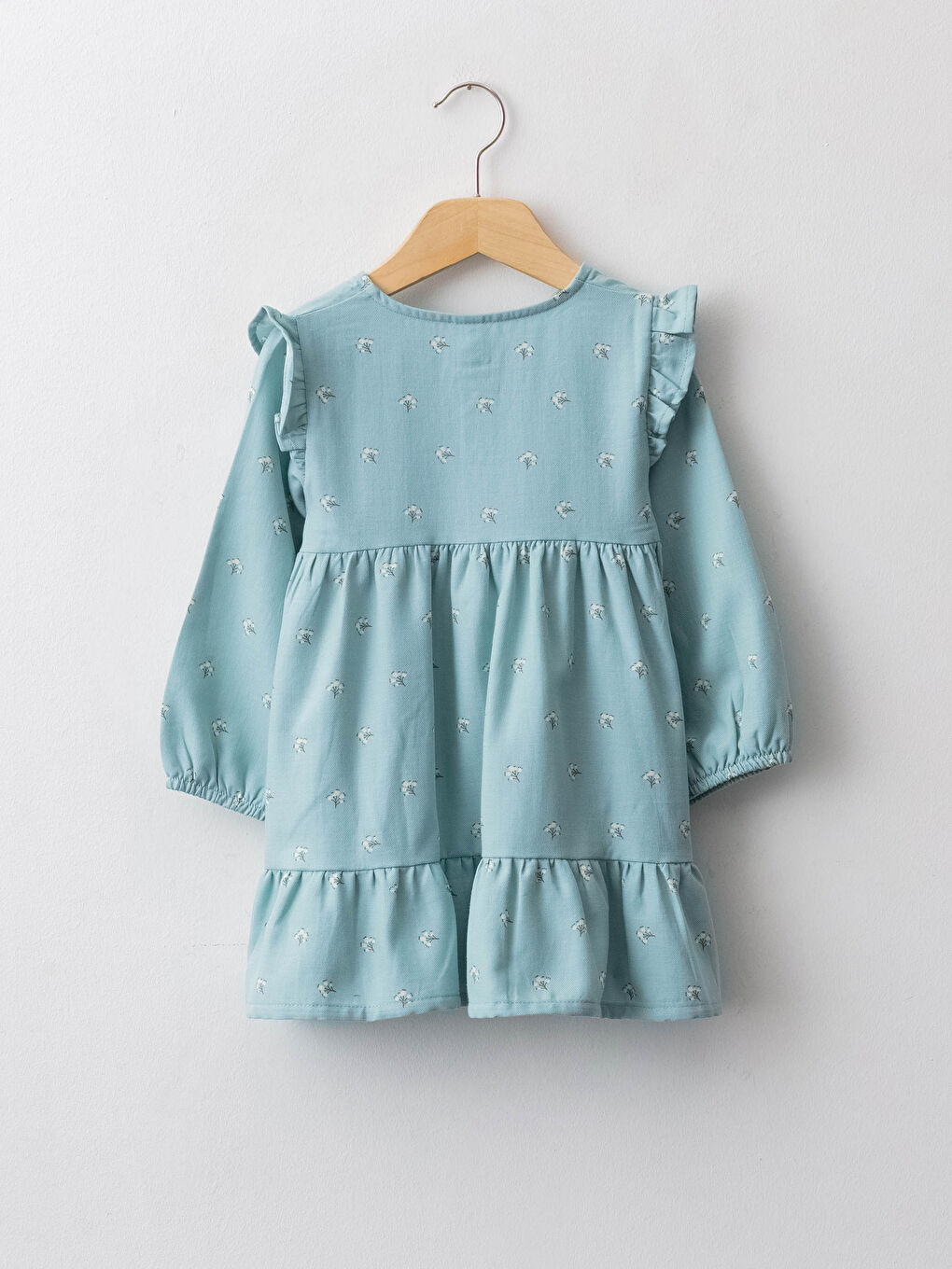 Yeşil Bisiklet Yaka Çiçekli Uzun Kollu Pamuklu Kız Bebek Elbise-1