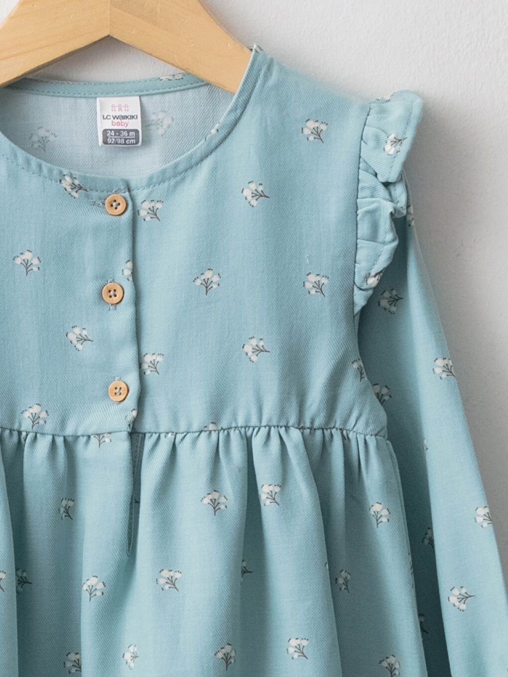 Yeşil Bisiklet Yaka Çiçekli Uzun Kollu Pamuklu Kız Bebek Elbise-2