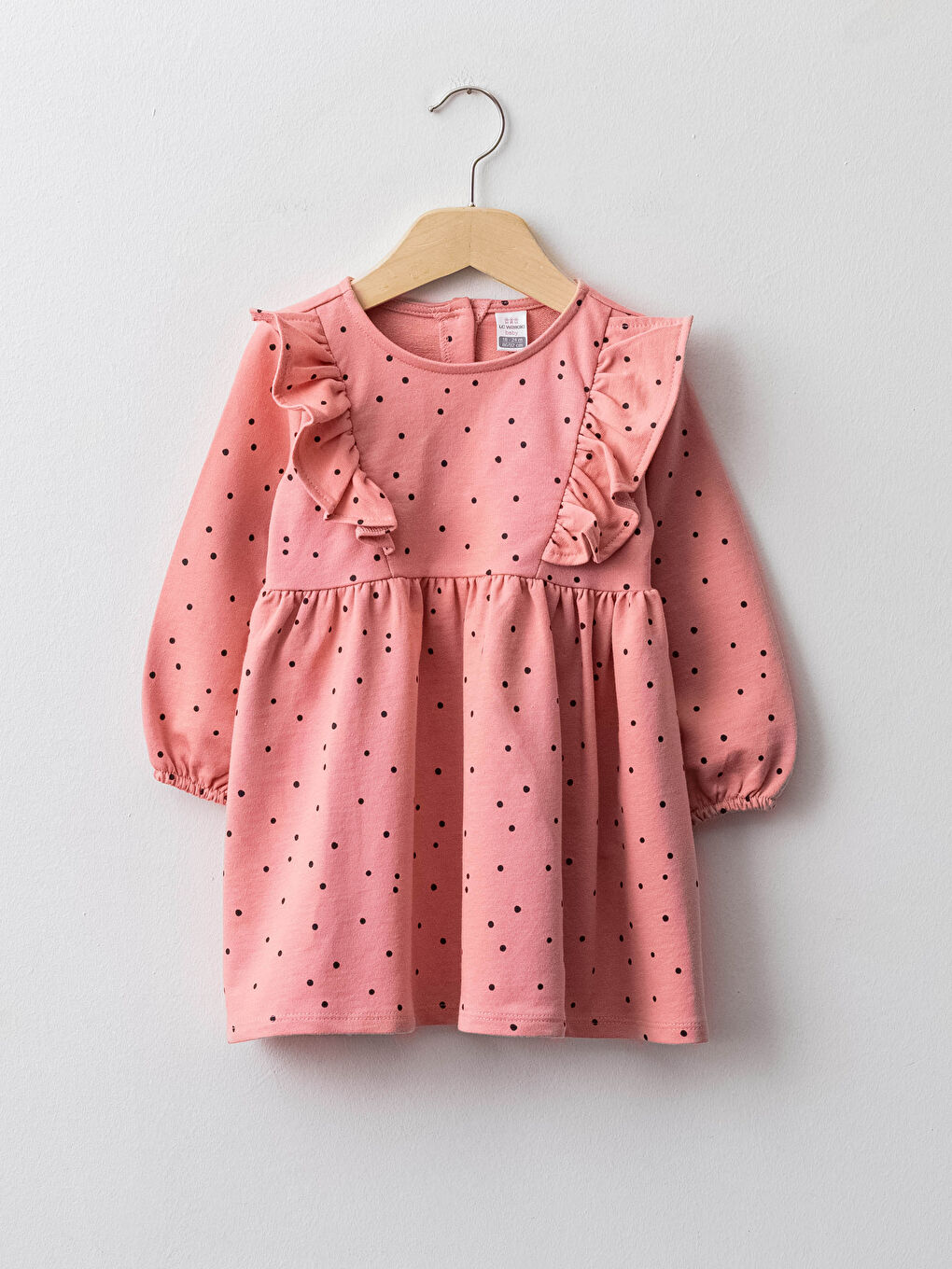 Pembe Bisiklet Yaka Uzun Kollu Desenli Kız Bebek Elbise