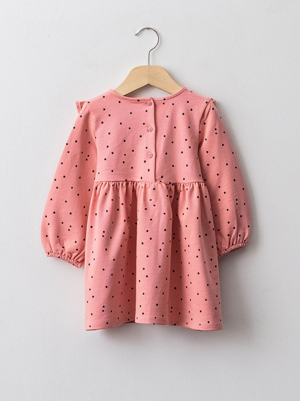 Pembe Bisiklet Yaka Uzun Kollu Desenli Kız Bebek Elbise-1