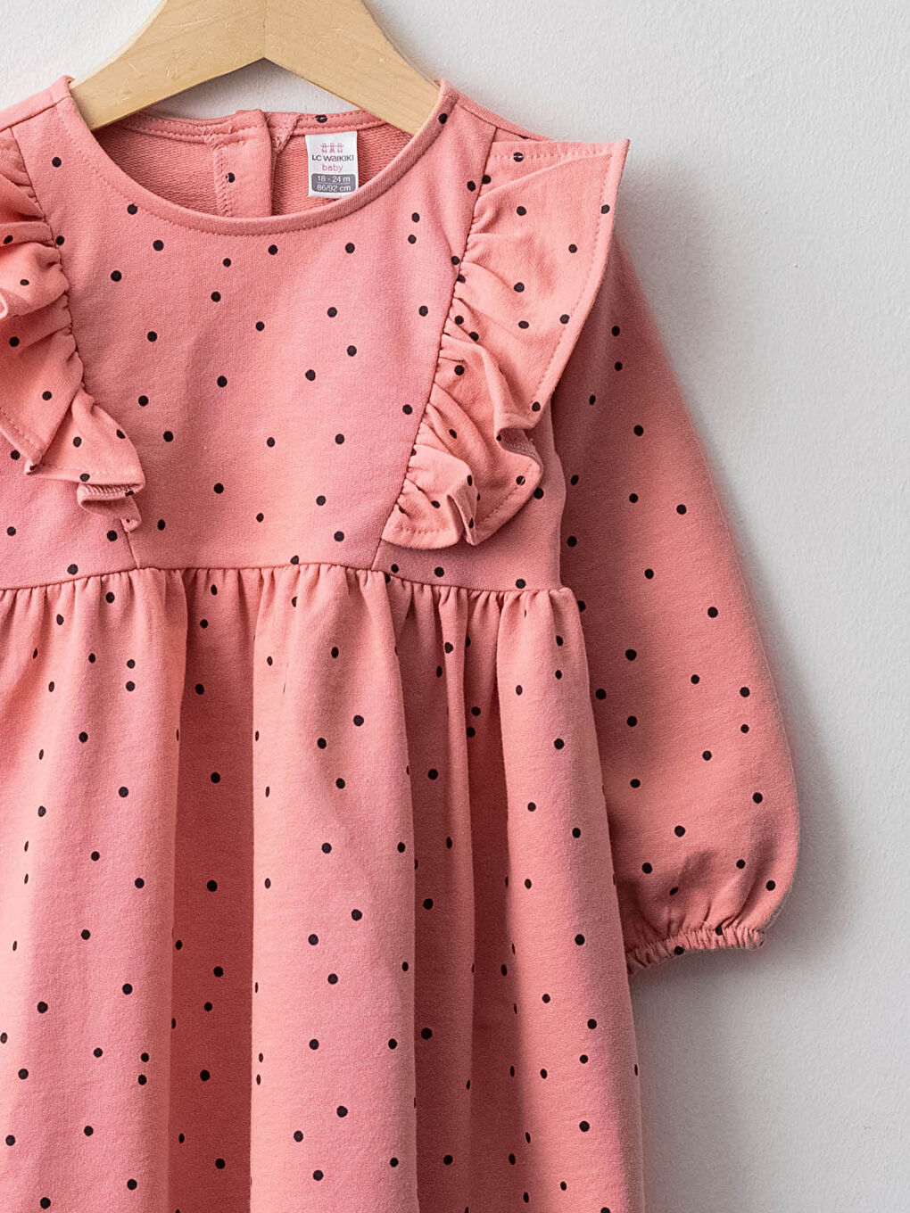 Pembe Bisiklet Yaka Uzun Kollu Desenli Kız Bebek Elbise-2