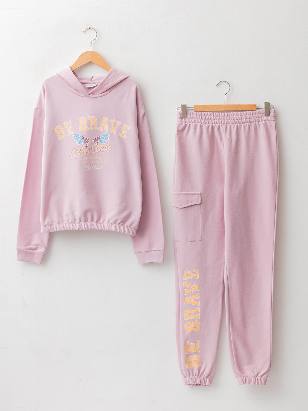 Принтті капюшонды ұзын жең қыз балаға арналған свитшот пен спорт шалбар