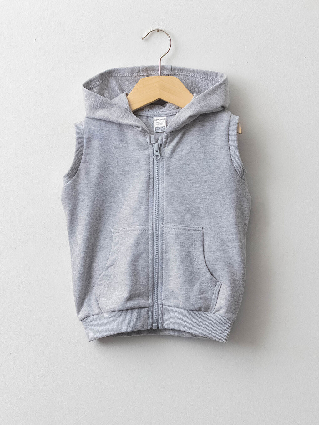 Gri Kapüşonlu Basic Erkek Bebek Fermuarlı Yelek-1