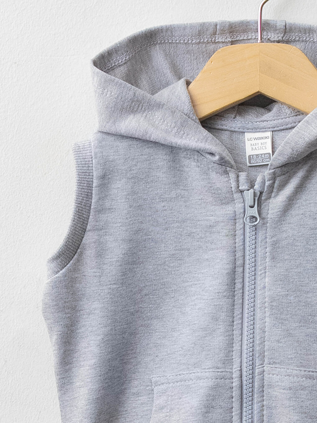 Gri Kapüşonlu Basic Erkek Bebek Fermuarlı Yelek-4