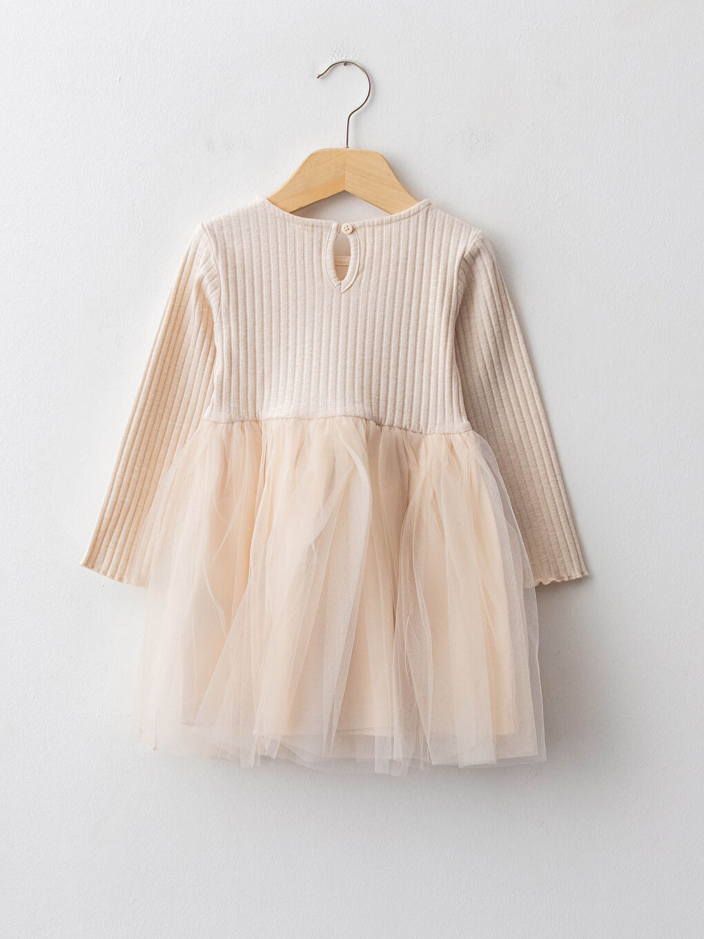 Ekru Bisiklet Yaka Uzun Kollu Tül Etekli Kız Bebek Elbise-1