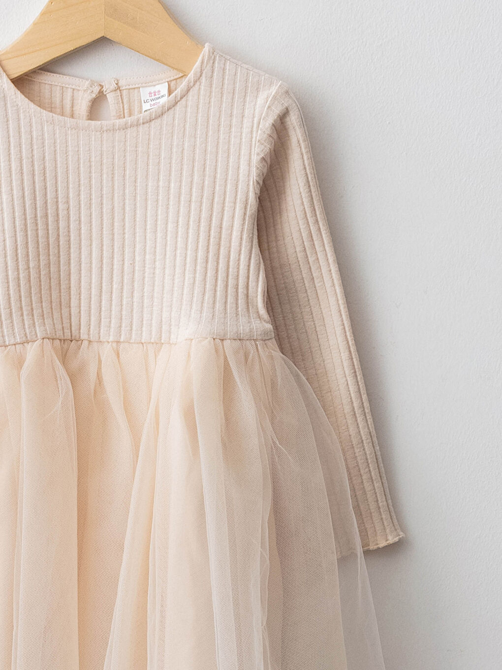 Ekru Bisiklet Yaka Uzun Kollu Tül Etekli Kız Bebek Elbise-2