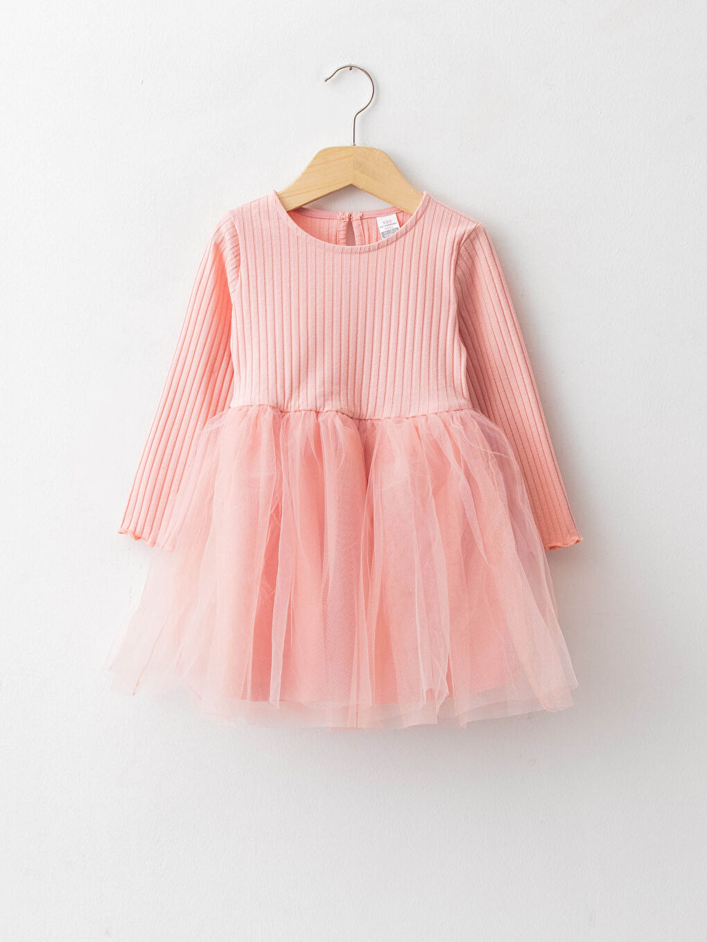 Pembe Bisiklet Yaka Uzun Kollu Tül Etekli Kız Bebek Elbise