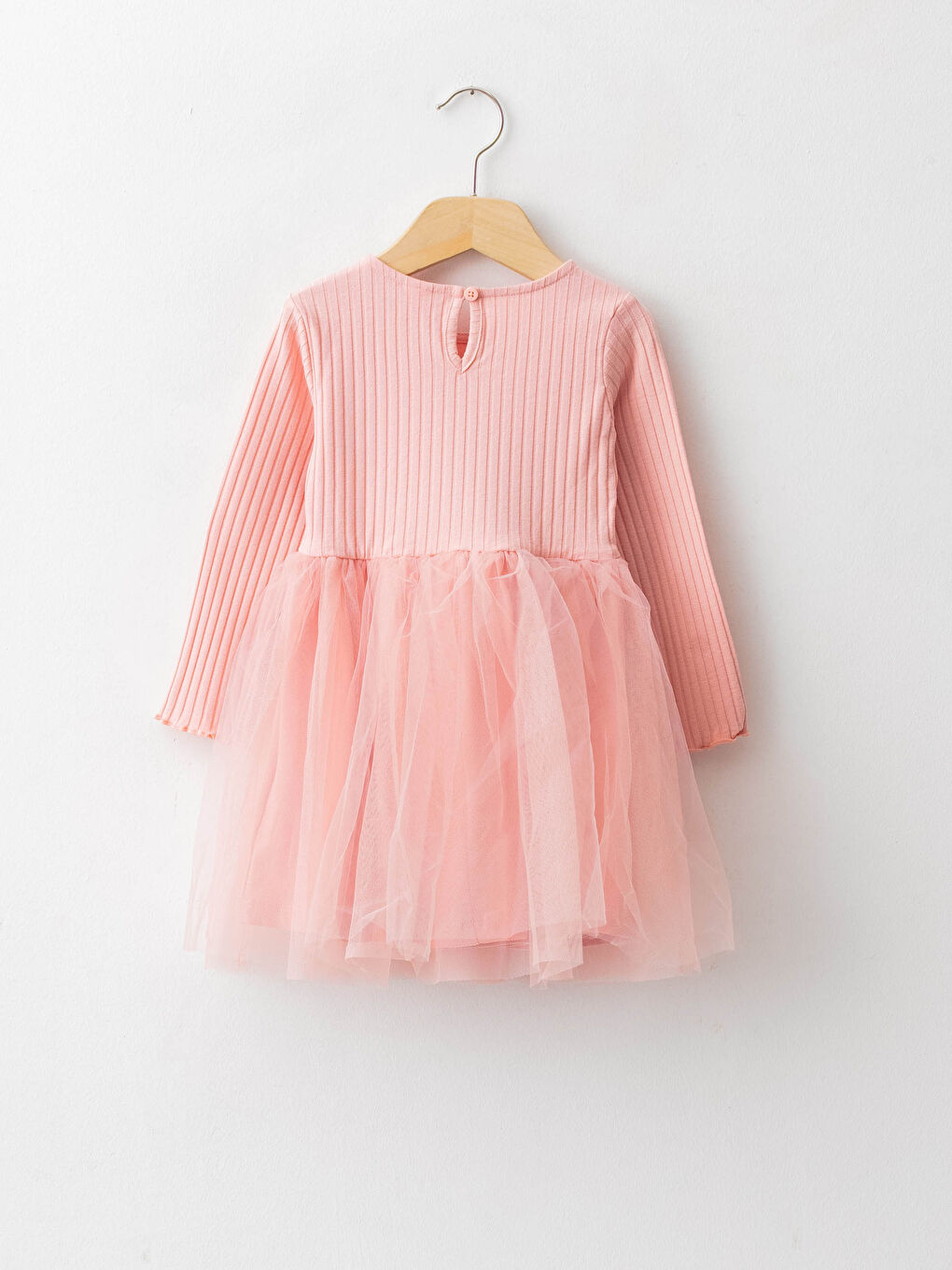 Pembe Bisiklet Yaka Uzun Kollu Tül Etekli Kız Bebek Elbise-1