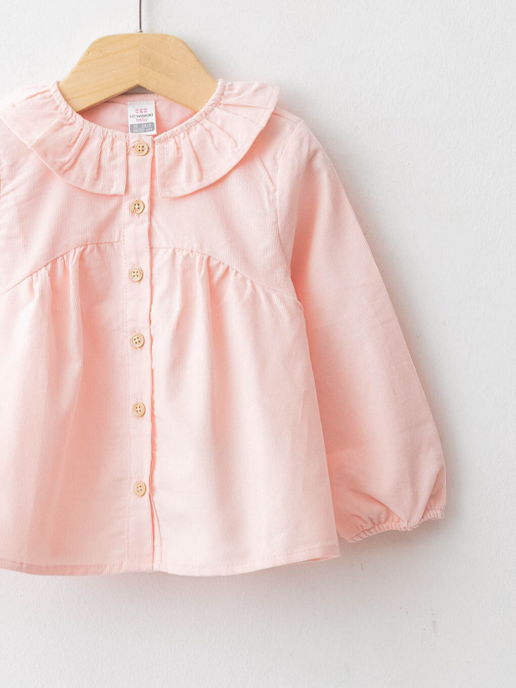 Pembe Bisiklet Yaka Uzun Kollu Kadife Kız Bebek Gömlek-2