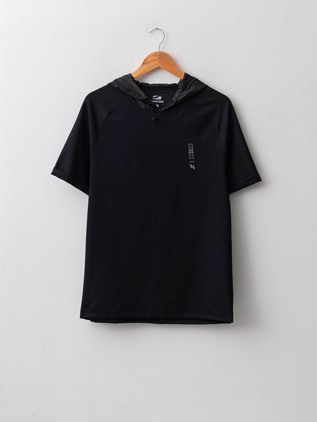 Siyah Kapüşonlu Kısa Kollu Baskılı Erkek Spor Tişört-6