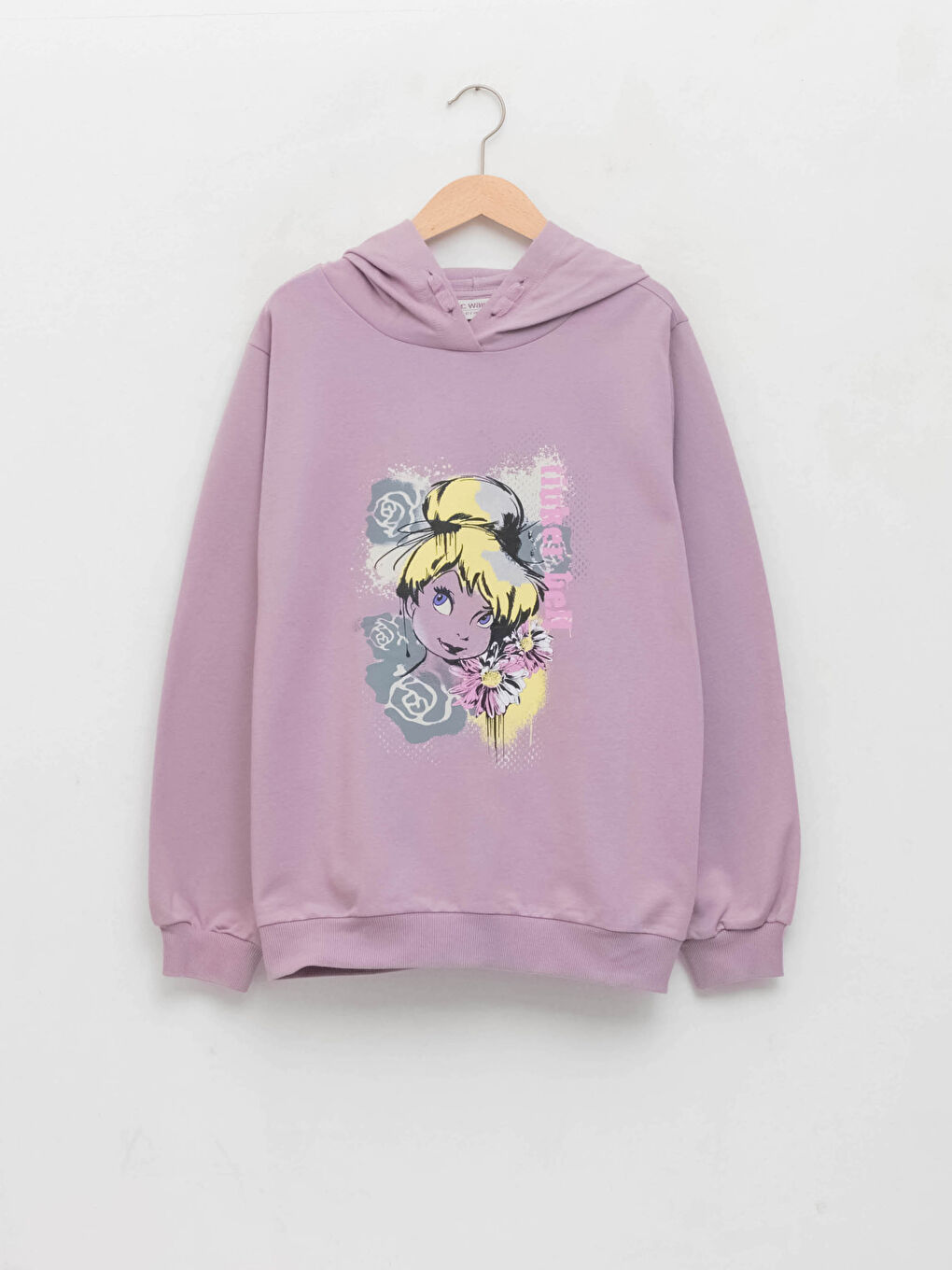 LCW Kids Mat Lila Kapüşonlu Tinker Bell Baskılı Uzun Kollu Kız Çocuk Sweatshirt