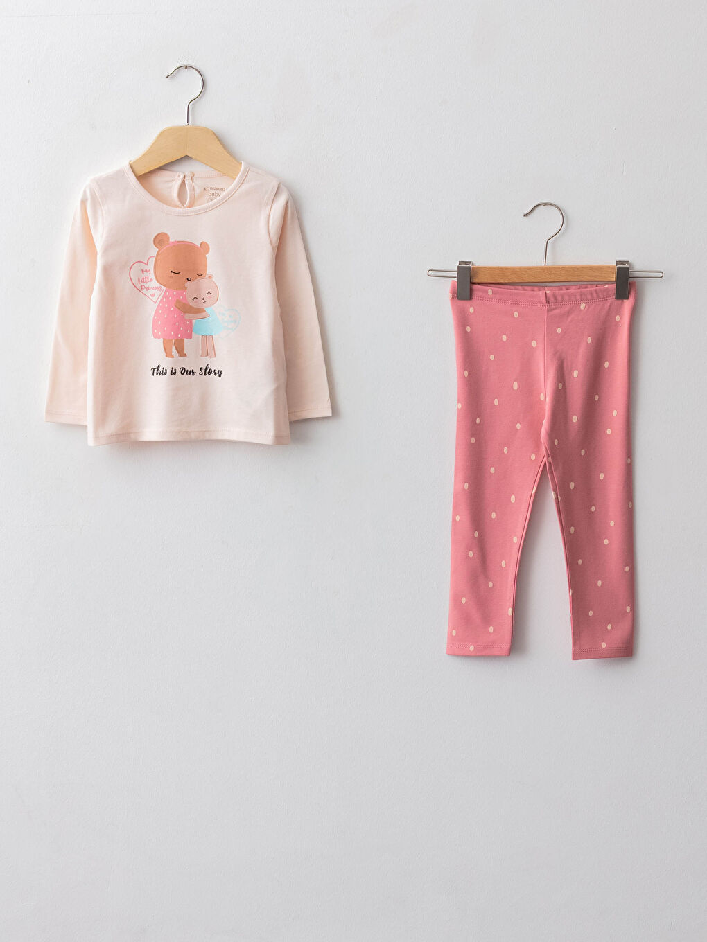 Pembe Beli Lastikli Uzun Kollu Baskılı Pamuklu Kız Bebek Takım