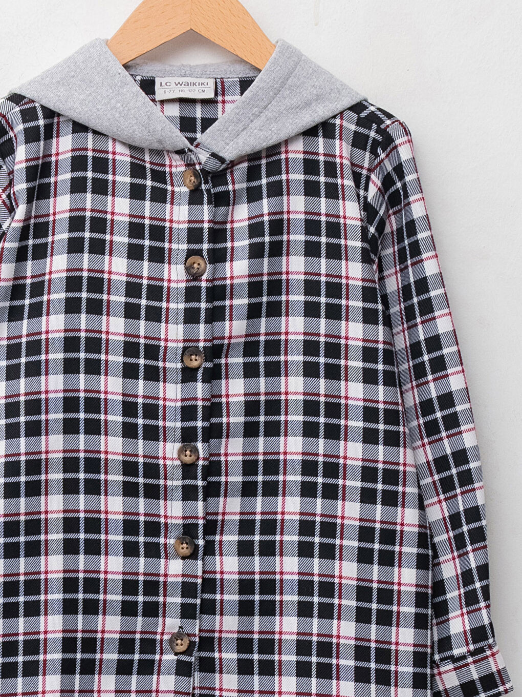 Checked Patterned Long-Sleeved Girl's Shirt With Hood-2