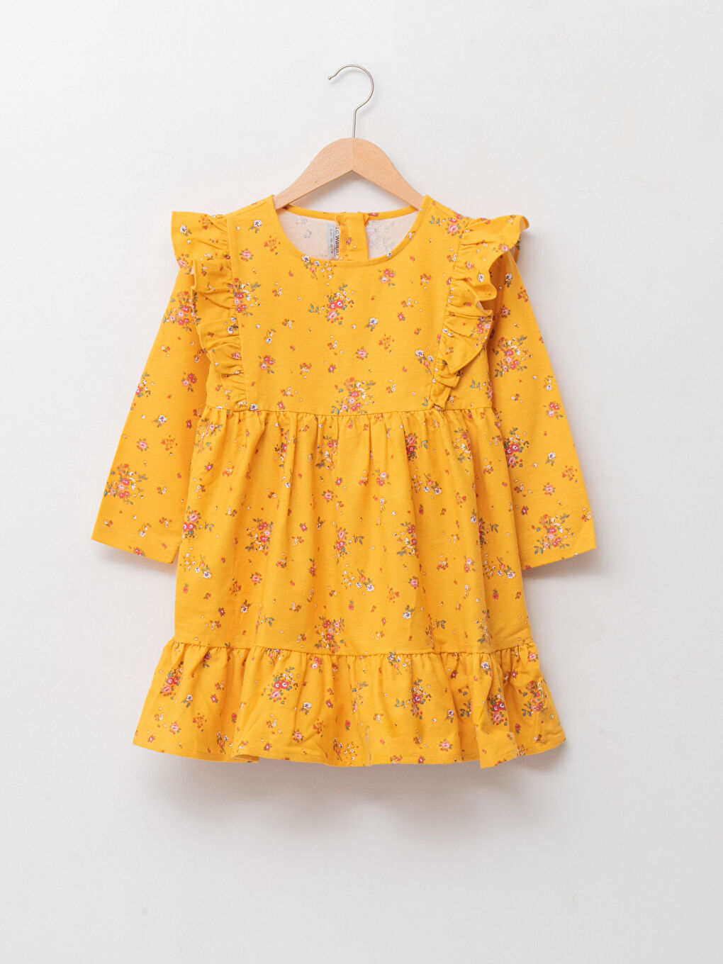 Sarı Bisiklet Yaka Desenli Uzun Kollu Pamuklu Kız Çocuk Elbise