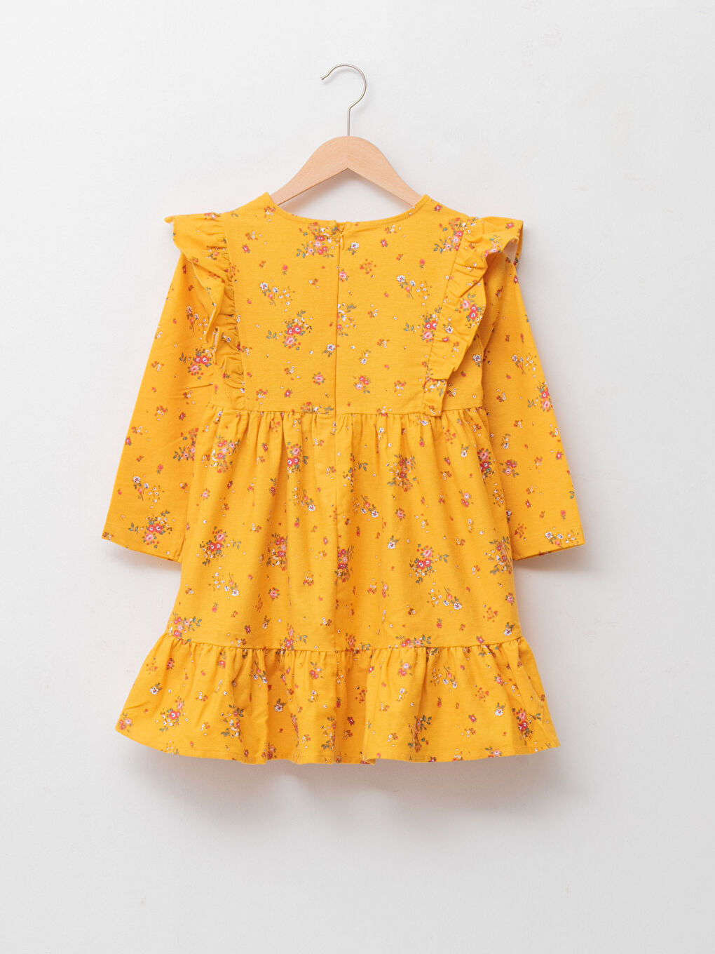 Sarı Bisiklet Yaka Desenli Uzun Kollu Pamuklu Kız Çocuk Elbise-1