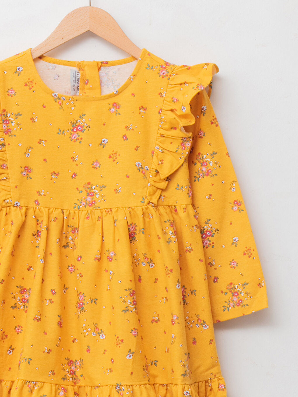 Sarı Bisiklet Yaka Desenli Uzun Kollu Pamuklu Kız Çocuk Elbise-2