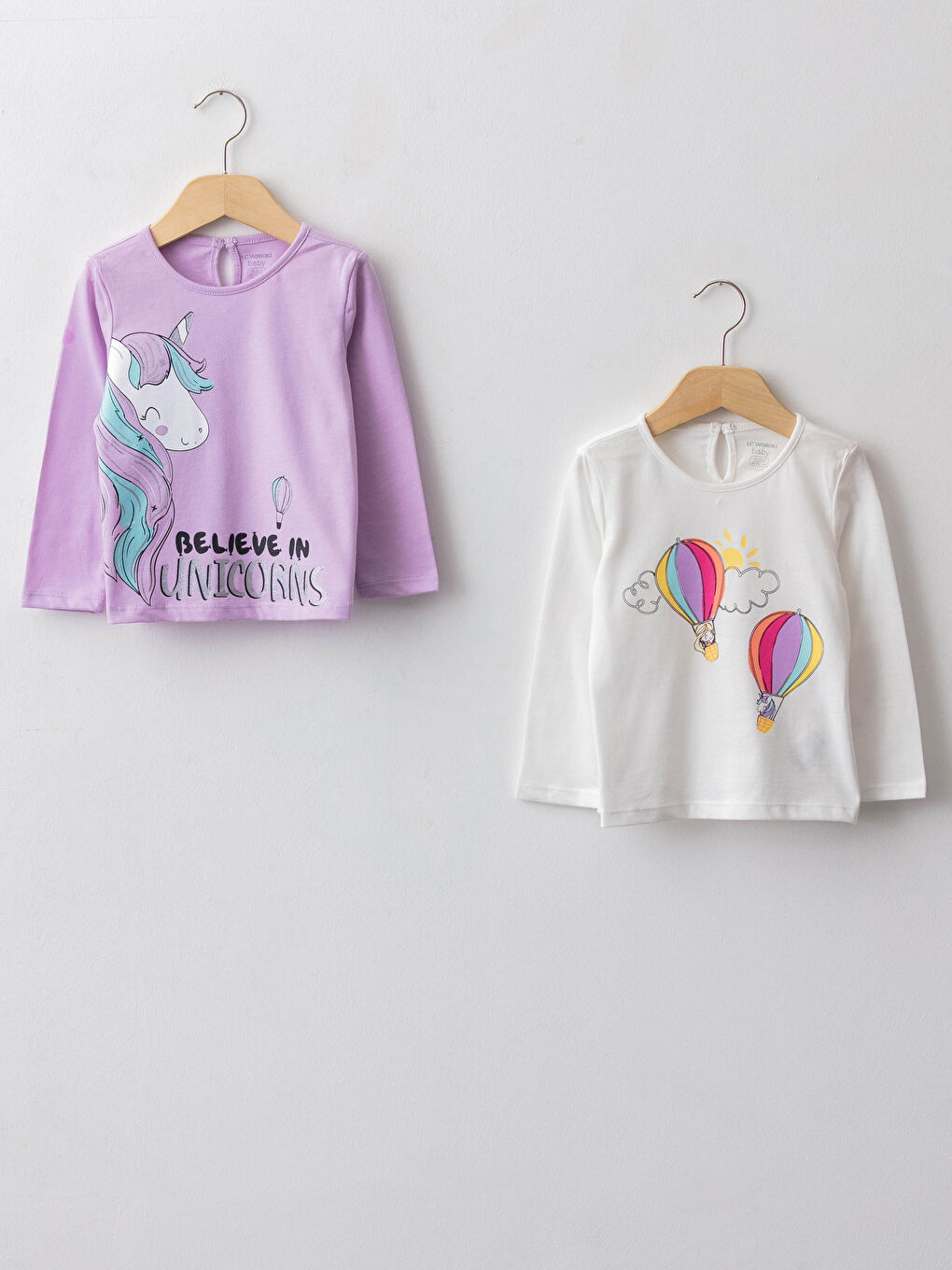 Lila Bisiklet Yaka Uzun Kollu Baskılı Kız Bebek Tişört 2'li