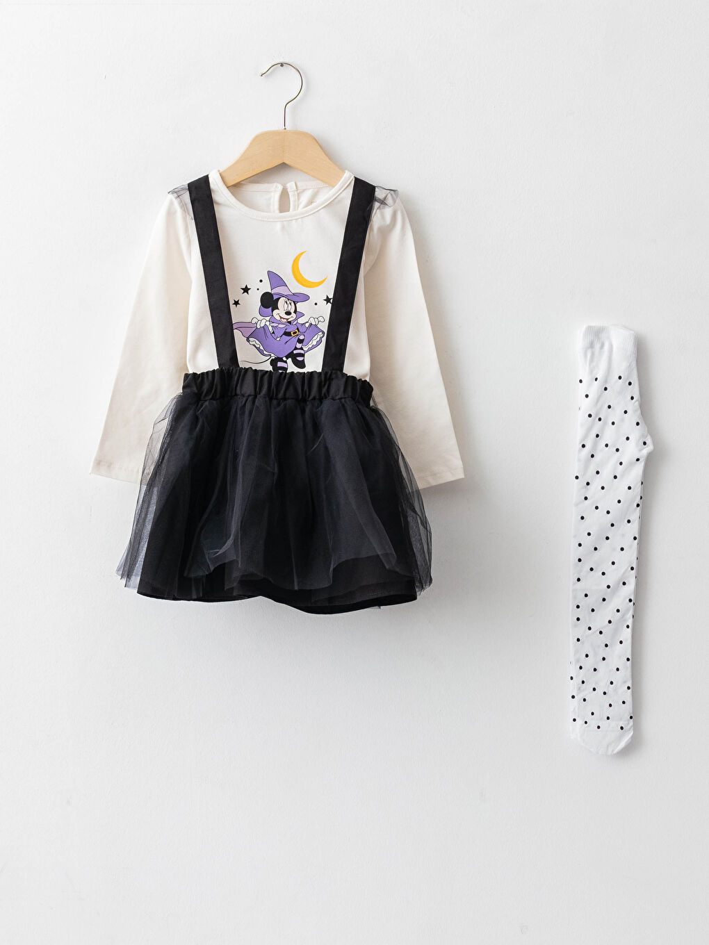 Ekru Bisiklet Yaka Uzun Kollu Minnie Mouse Baskılı Kız Bebek Tişört Etek ve Külotlu Çorap 3'lü Takım