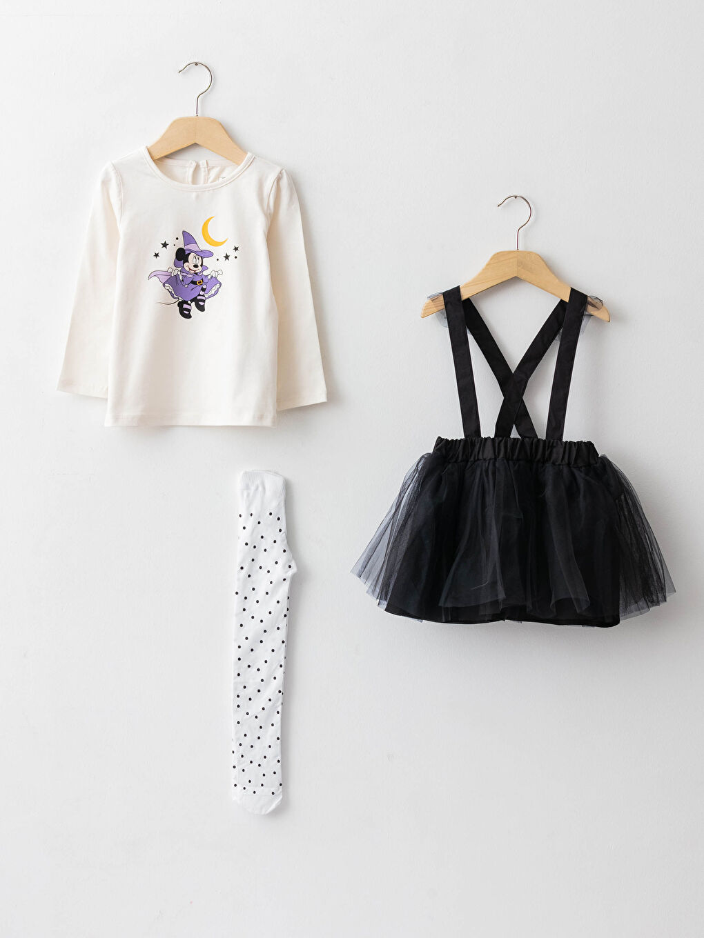 Ekru Bisiklet Yaka Uzun Kollu Minnie Mouse Baskılı Kız Bebek Tişört Etek ve Külotlu Çorap 3'lü Takım-2