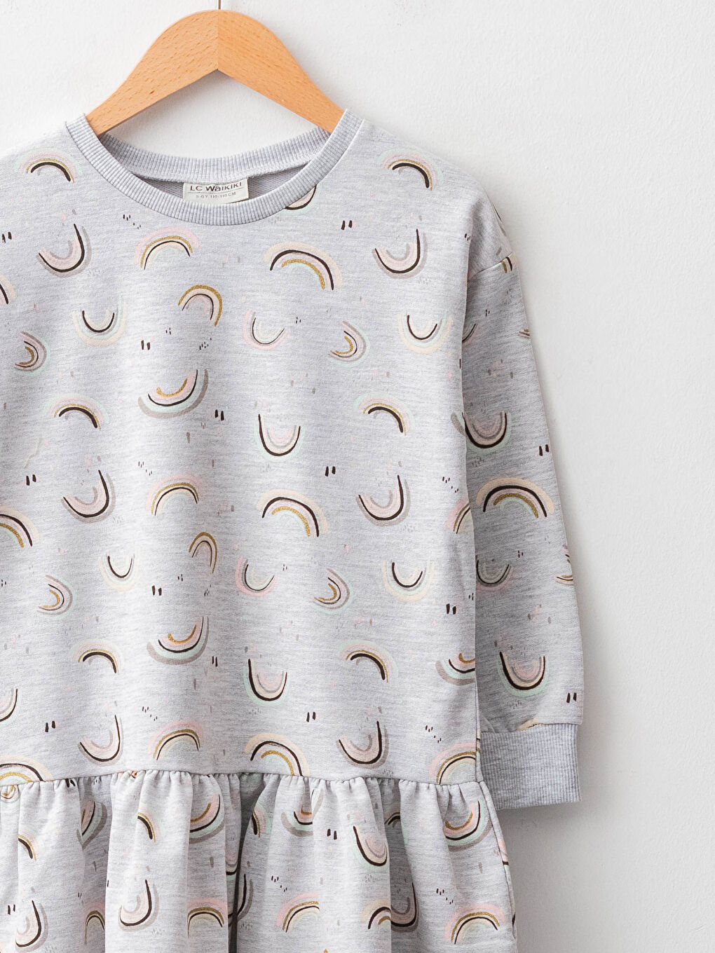 Gri Bisiklet Yaka Baskılı Uzun Kollu Kız Çocuk Elbise-2