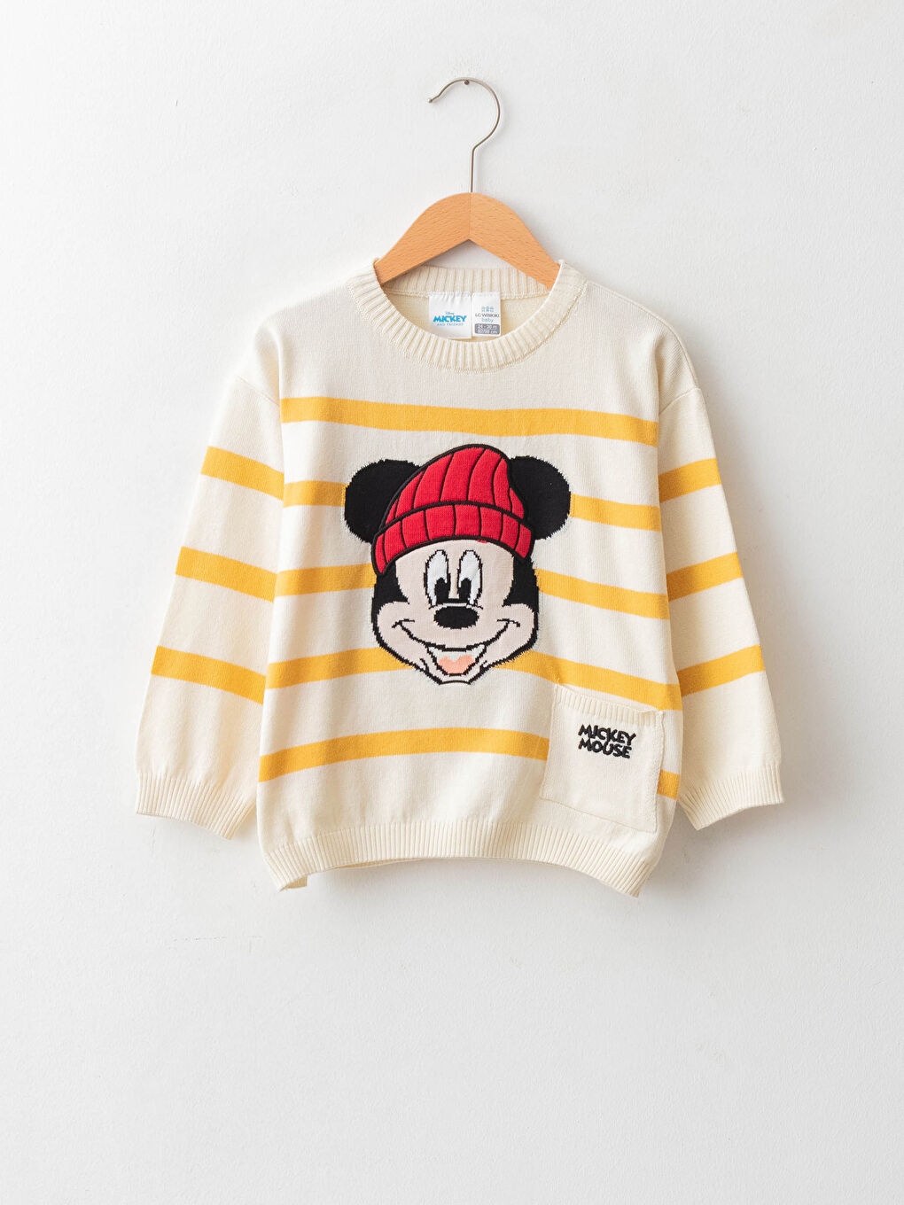 Ekru Bisiklet Yaka Uzun Kollu Mickey Mouse  Desenli Pamuklu Erkek Bebek Triko Kazak