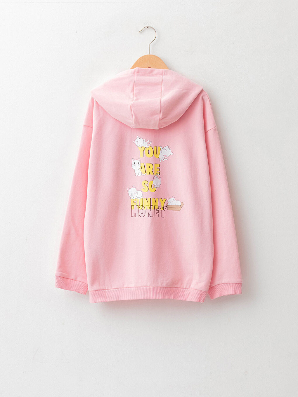 Pembe Kapüşonlu Baskılı Uzun Kollu Kız Çocuk Fermuarlı Sweatshirt-1