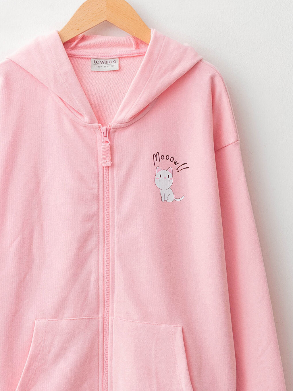 Pembe Kapüşonlu Baskılı Uzun Kollu Kız Çocuk Fermuarlı Sweatshirt-2
