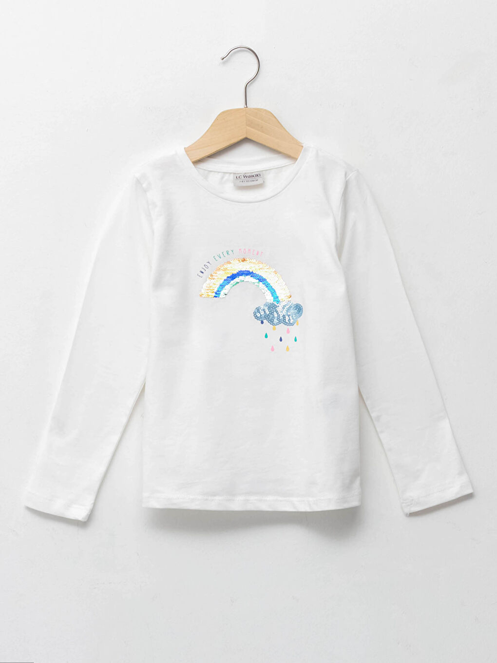 Beyaz Bisiklet Yaka Çift Yönlü Payetli Uzun Kollu Kız Çocuk Tişört-1